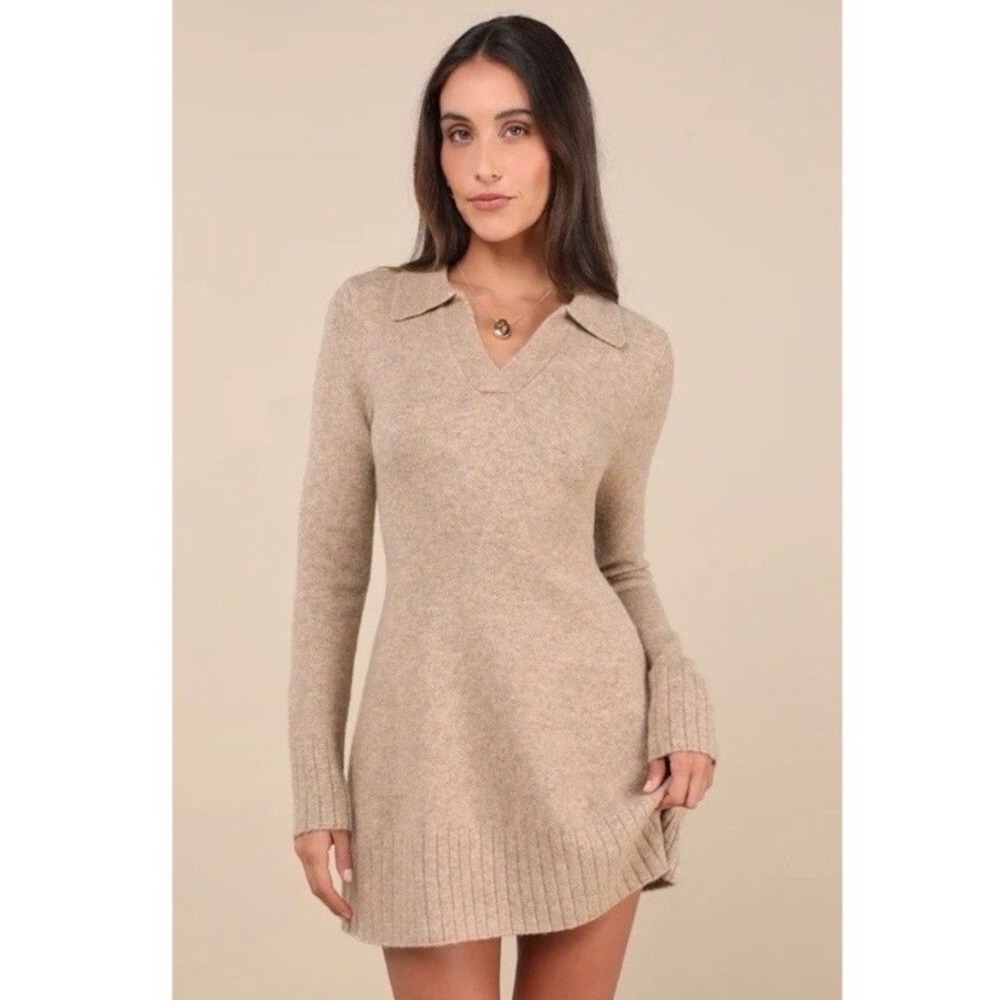 NWT Lulus Sweater Dress L Oatmeal Excellent Polo Collar Long Sleeve Classic
